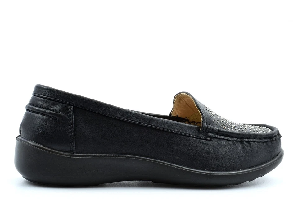 Dr Lightfoot Womens Diamante Slip On Shoes Low Wedge Heel Ladies Loafers Flats - Image 2 of 4