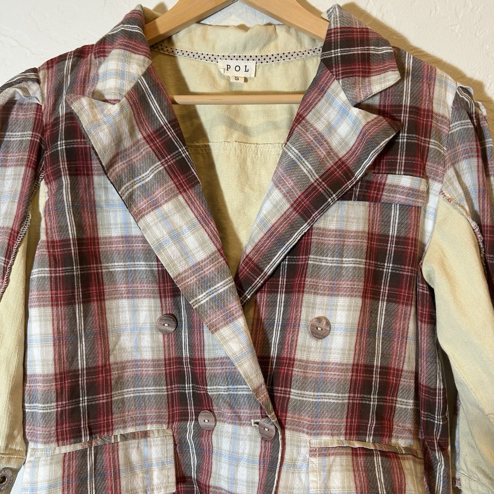 POL Plaid Patchwork Jacket Raw Hem Distressed Cot… - image 9