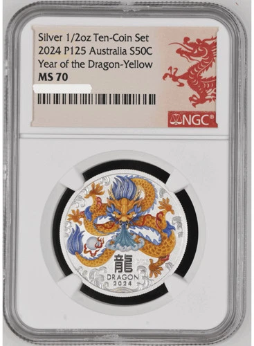 2024 Australia Lunar Year of the Dragon 1/2 oz Silver Yellow Coin NGC MS 70