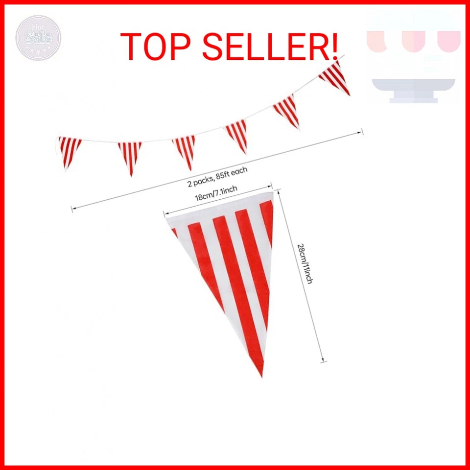 RUBFAC 170ft 120pcs Red and White Striped Pennant Banner, Carnival Circus Decora - Image 2 of 2