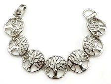 Rhodium Plated Silver Tone Tree Of Life Round Link Bracelet Magnetic Clasp