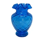 Vintage Blue Fenton Vase Diamond Optic Crimped Ruffled Edge