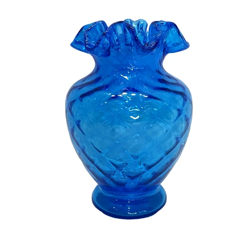 Vintage Blue Fenton Vase Diamond Optic Crimped Ruffled Edge