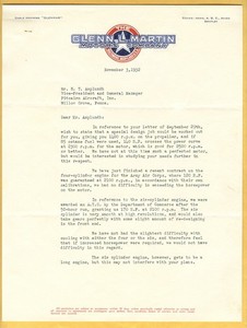 Glenn L. Martin SIGNED Letter / SUPERB Engine Design CONTENT with RR Auction COA