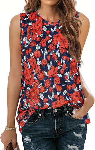 Women Summer Tops Sleeveless Tank Floral Casual Large, Navy Blue Red Flower