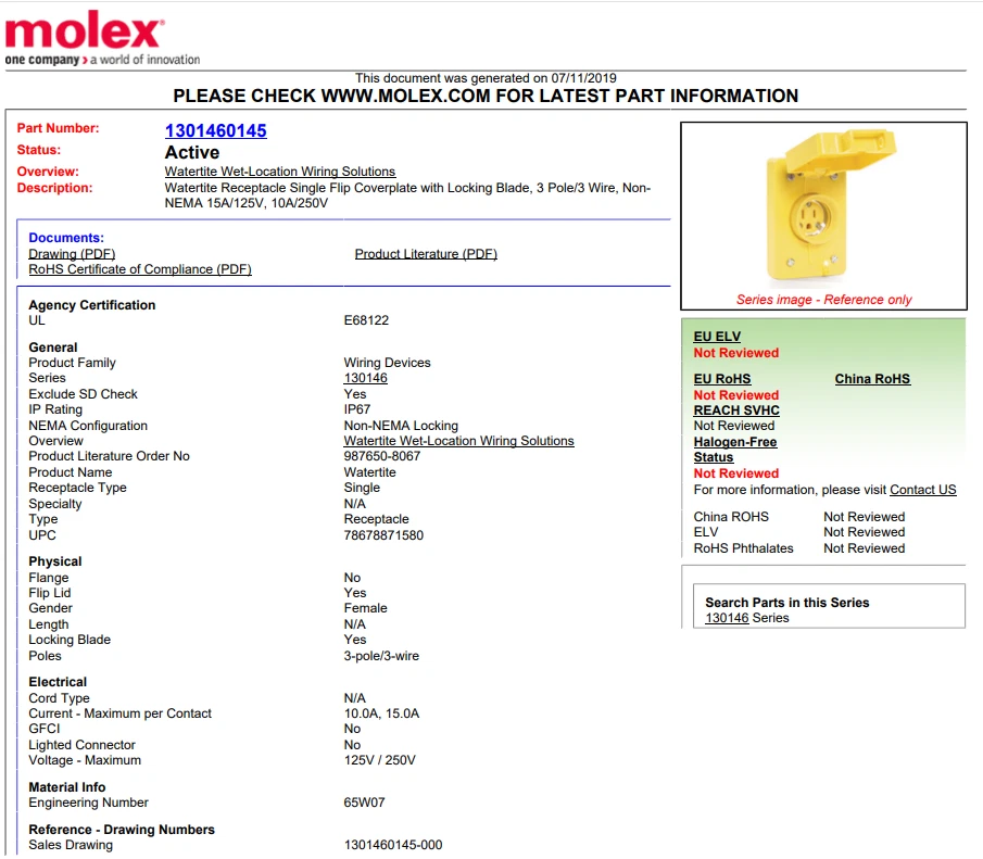 Molex Woodhead 65W07 Locking Weatherproof Blade Receptacle & Coverplate 15A 125V - Image 2 of 4