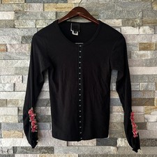 Anna Sui Top Cardigan Clasp Rose Floral Ribbed Small Women