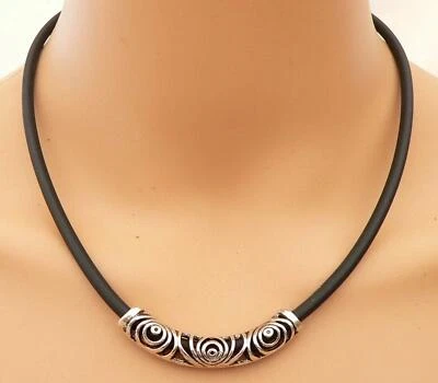 Halsreif Halskette Collier Kautschuk Metall Röhre Antik Silber   389i - Bild 1 von 4