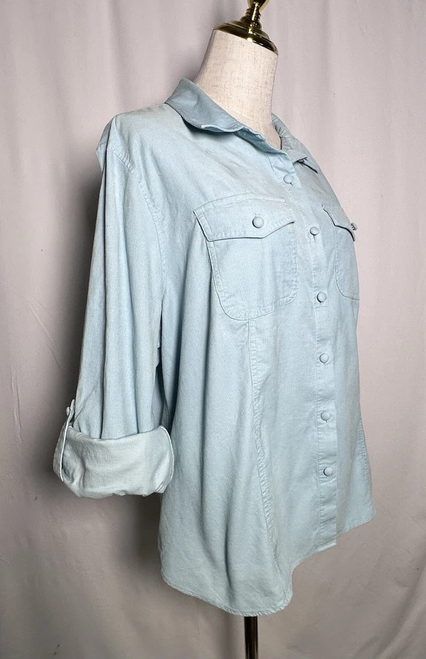 Blusa Camisa Top Talbots Mujer 2XP Abotonada Pestaña Enrollable Algodón Azul Pana Foto 4 de 4