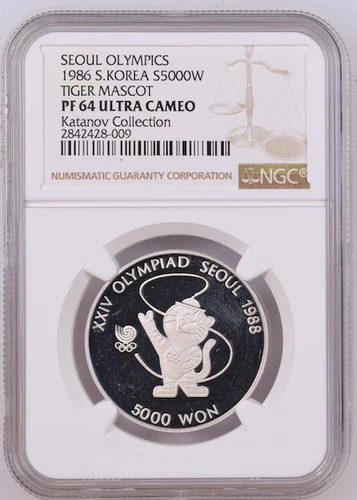 NGC PF 64 ULTRA CAMEO SEOUL OLYMPICS NGC 1986 S.KOREA S5000W TIGER MASCOT