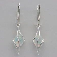 Oval White FIRE OPAL Drop Swirl Leverback Earrings 925 STERLING SILVER #2534-Oe