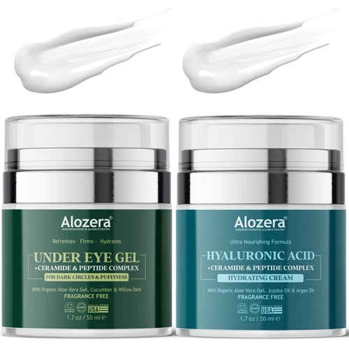 Alozera Under Eye Gel & Hyaluronic Acid Cream Duo for Hydration, Eye Brightening