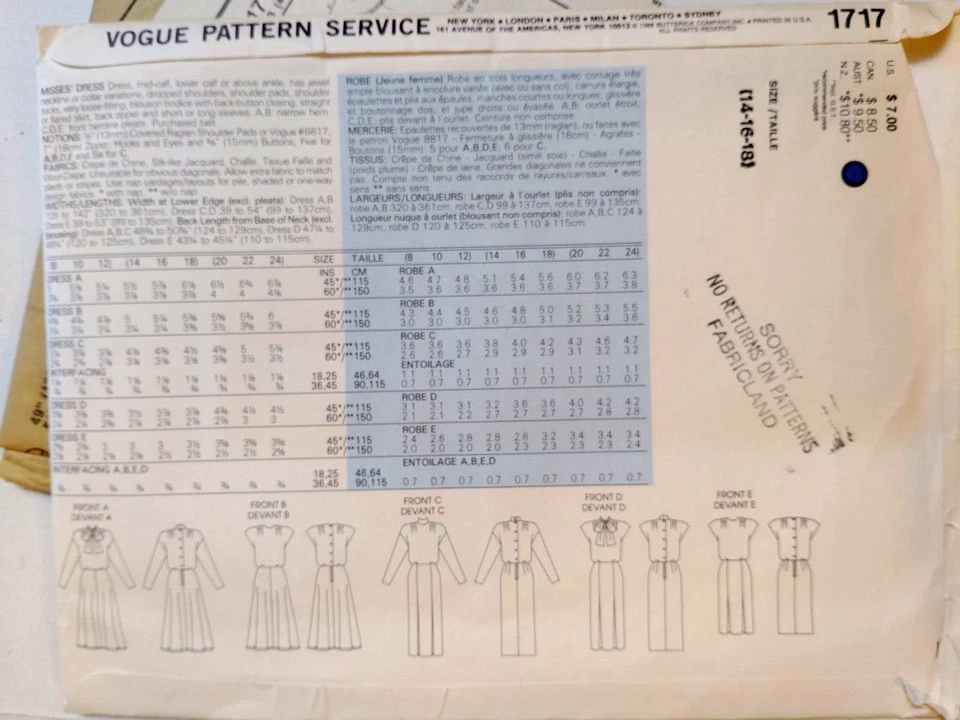 Vogue 1717 Dress Sewing Pattern Ladies 14 16 18 Shoulder Pads Basic Design UC - Image 4 of 4
