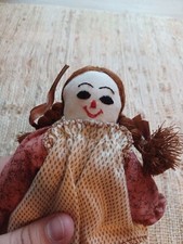 Vintage Girl Doll Folk Art Fabric brown Braided Hair W/ Dress, 5" tall