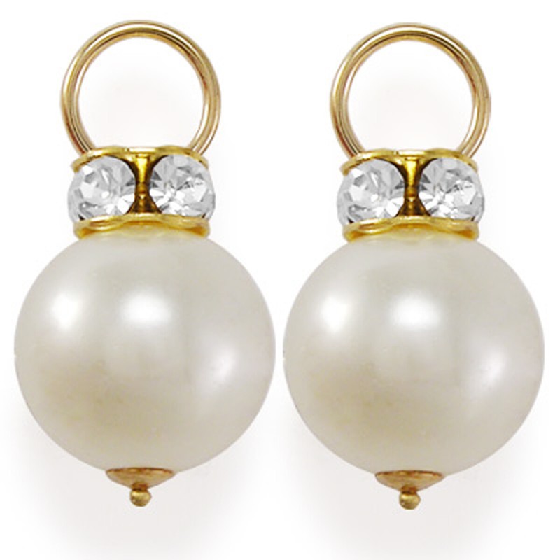 14k Yellow Gold Simulated Pearl Bead and Crystal Earring Charms #E885