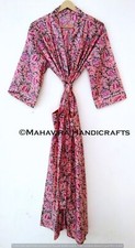 Women Pure Cotton Floral Rose Print Peach Night Gown Sleepwear Boho Kimono Robe