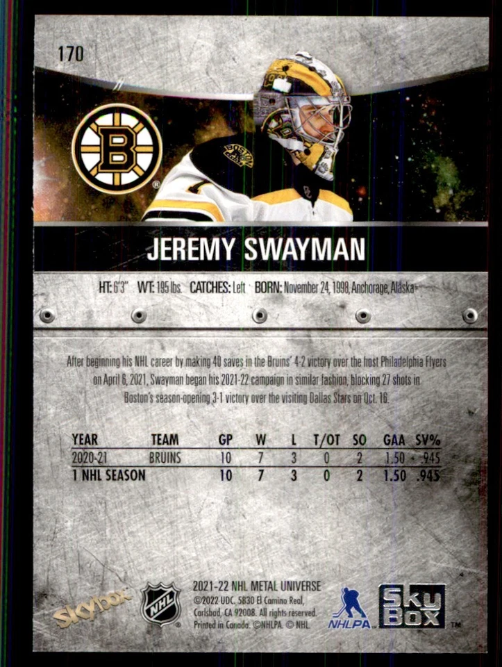 2021-22 Skybox Metal Universe Jeremy Swayman RC Boston Bruins #170 - Image 2 of 2