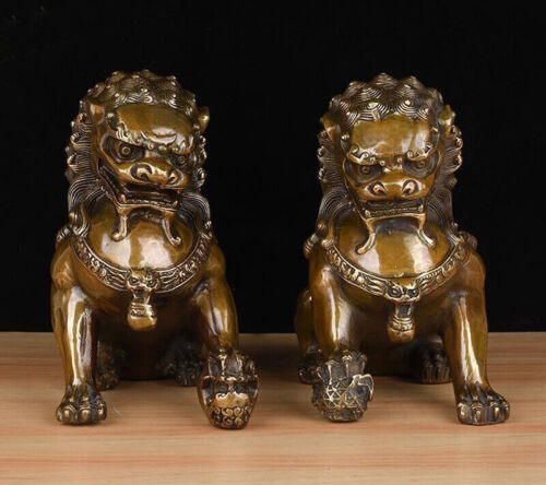 Par de estatuas de la suerte de 6" China Regius bronce Fengshui Fu Foo perro león bestia riqueza - Imagen 1 de 8