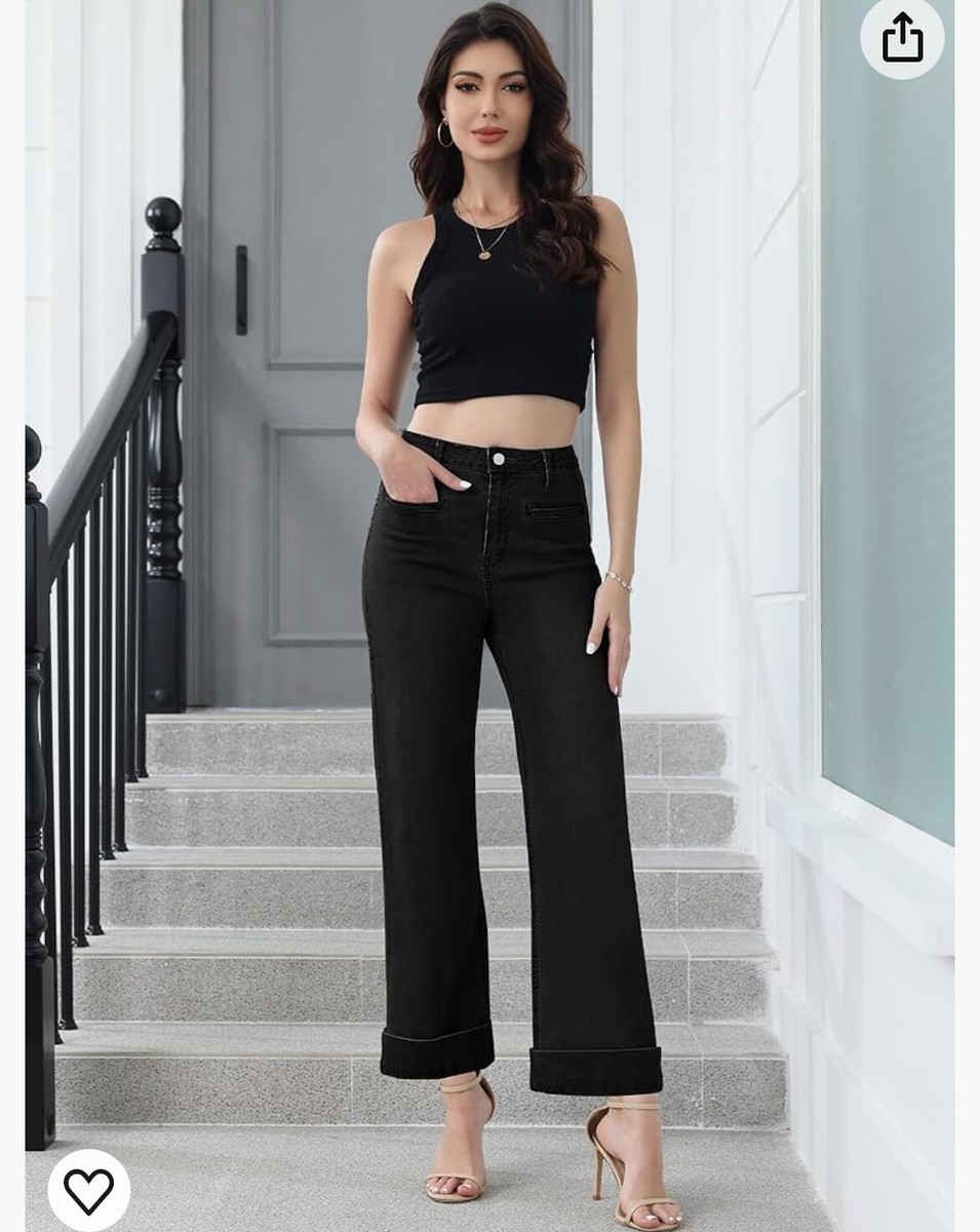 Genleck Women's Wide Leg Baggy Jeans - High Waisted Stretch Denim, Loose Fit Trendy Pants (Black, Large)