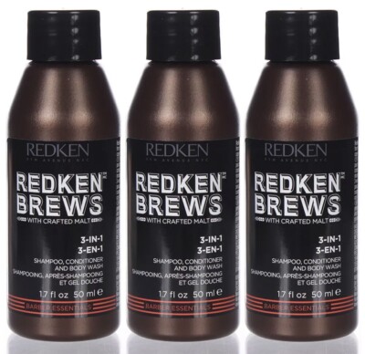 Redken Brews 3 in 1 Shampoo, Conditioner and Bodywash 1.7 oz **3-Pack**