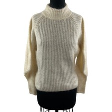 H M Cream Mohair Wool Blend Ribbed Mock Neck Long Sleeve Fuzzy Sweater Size L