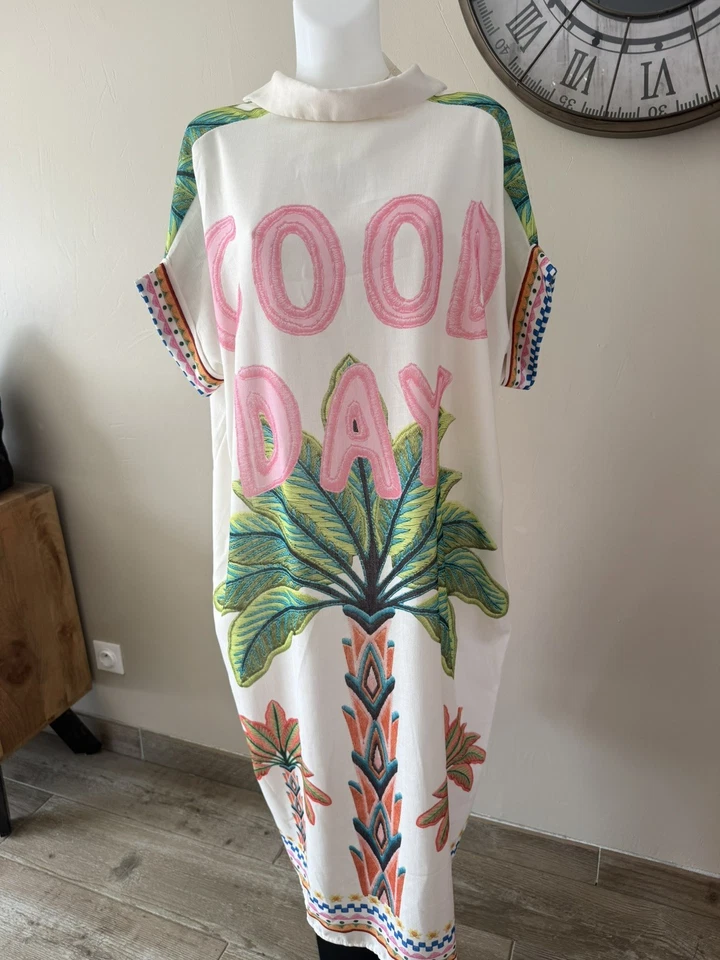 Robe chemise oversize Made in Italy lin & coton flamants roses tendance - Photo 2/2