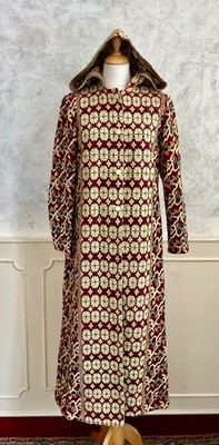 Vintage 1960er weinrot gold Gobelin bestickt Teppich Kapuze Cape Jacke 10/12