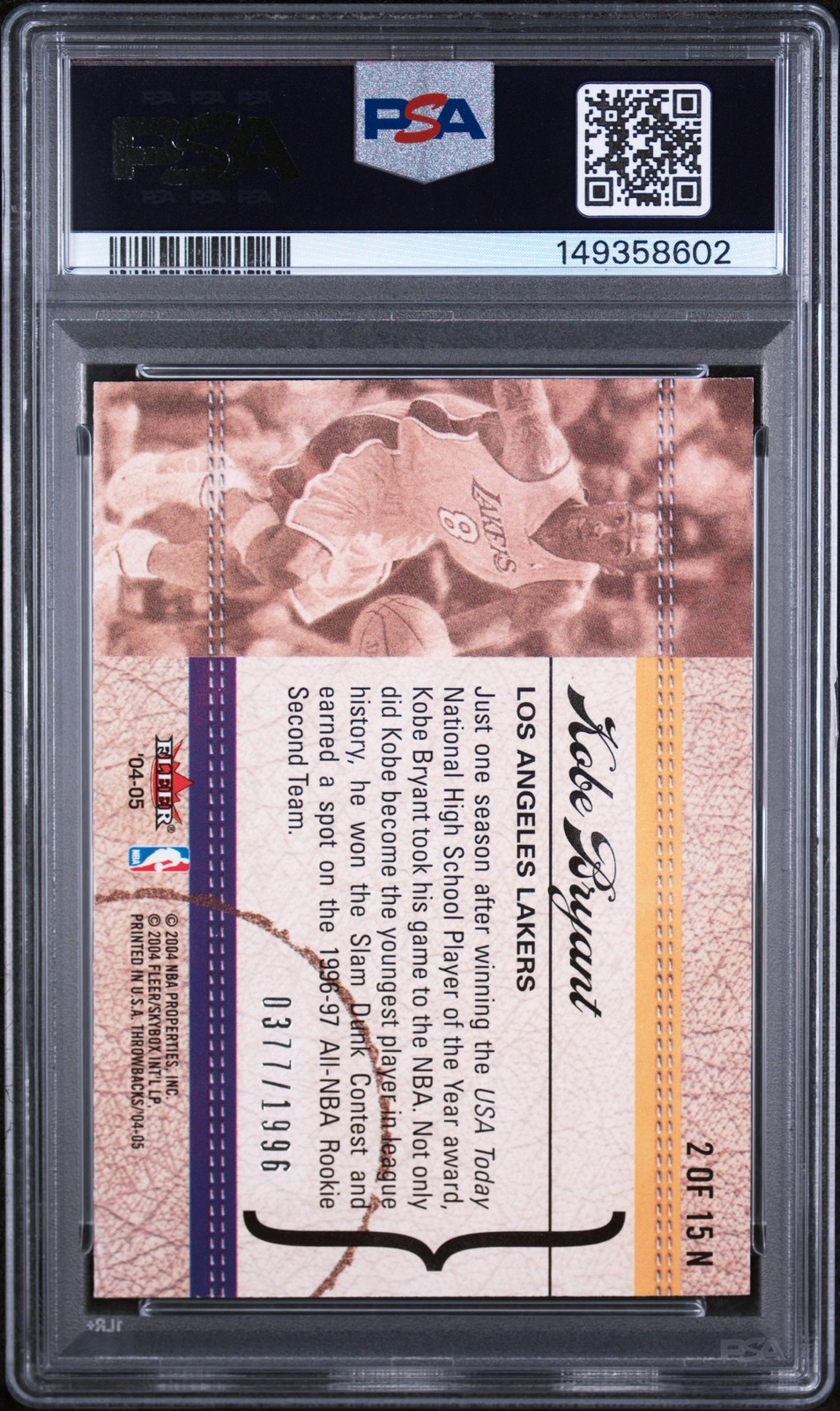 2004 FLEER THROWBACKS NOSTALGIA #2 KOBE BRYANT 377/1996 PSA 8 view 2