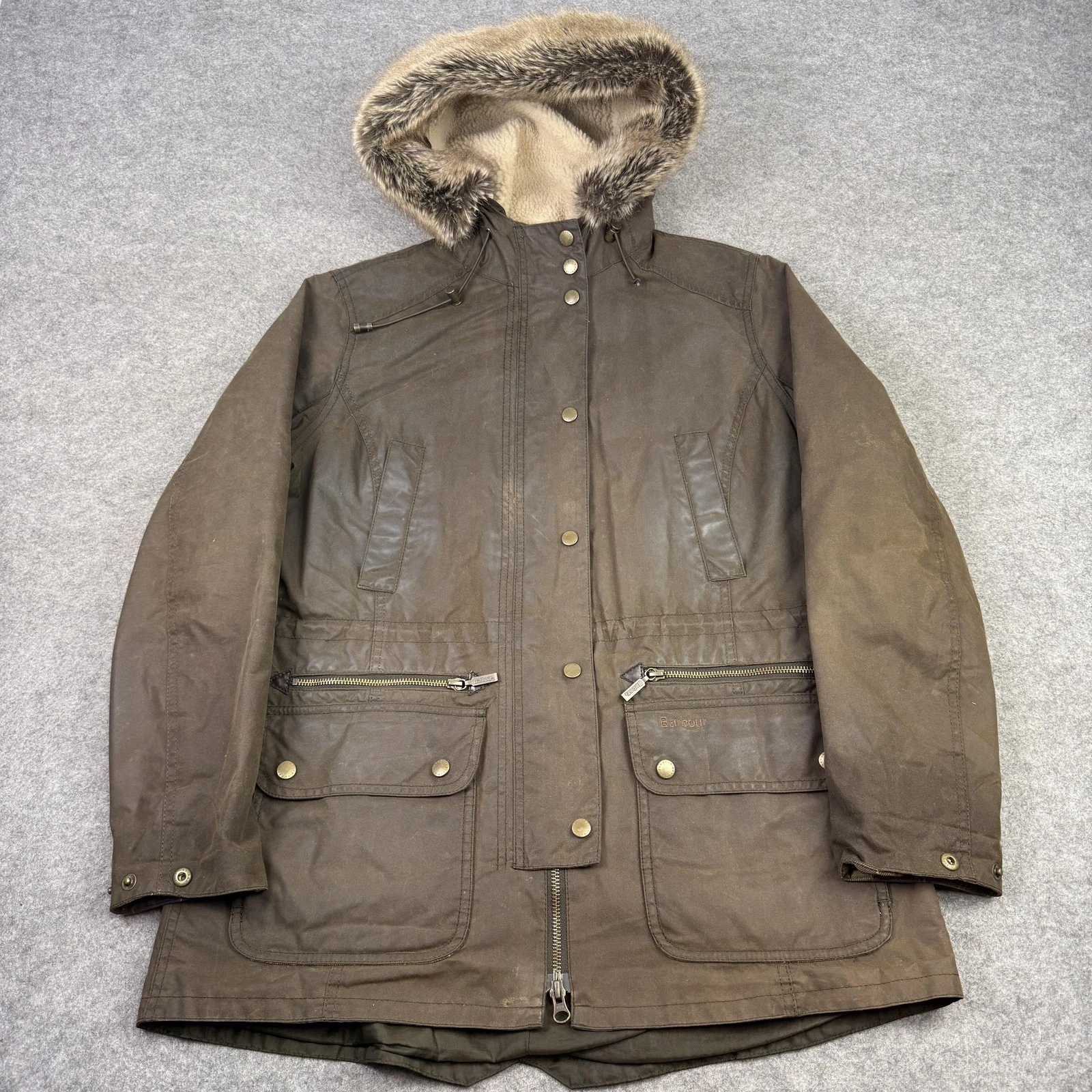 Barbour Jacket Womens 14 Brown Kelsall Wax Cotton Parka Fur Hooded Coat Outdoor