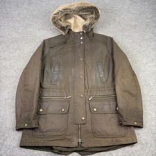 Barbour Jacket Womens 14 Brown Kelsall Wax Cotton Parka Fur Hooded Coat Outdoor