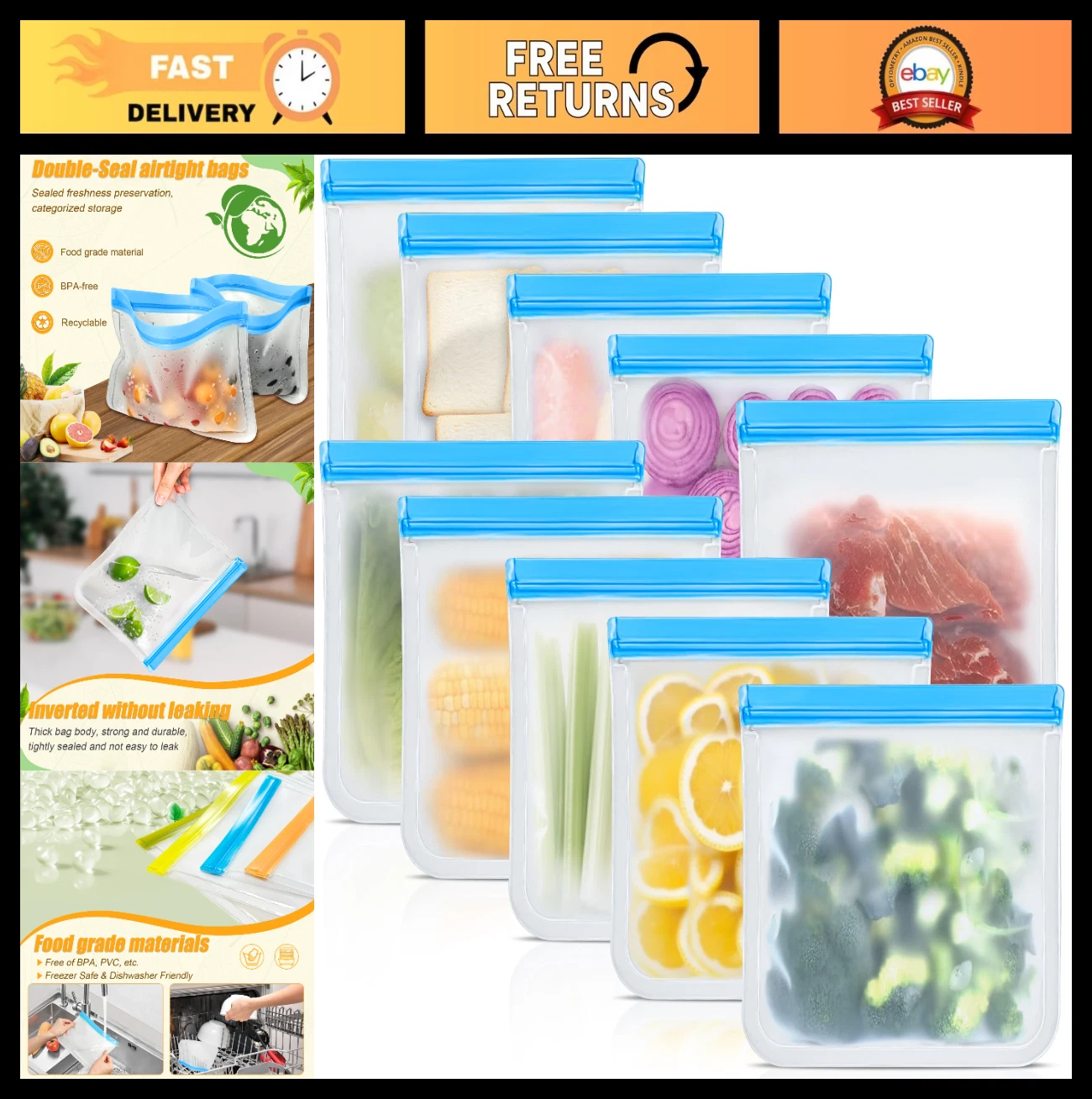 10 Pack Silicone Reusable Storage Bags - Leak Proof, Dishwasher Safe Food Contai
Opens in a new wind