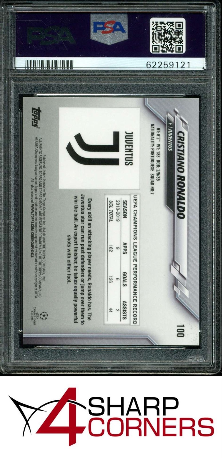 2019 TOPPS CHROME UEFA UCL SAPPHIRE EDITION CRISTIANO RONALDO PSA 9 view 2