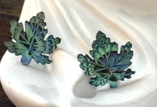 Blue Green Vintage Shiny Iridescent  Maple Leaf Post Earrings