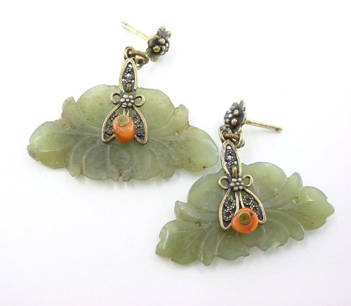 Chinese Antique Gilt Sterling Silver Jade Coral Earrings