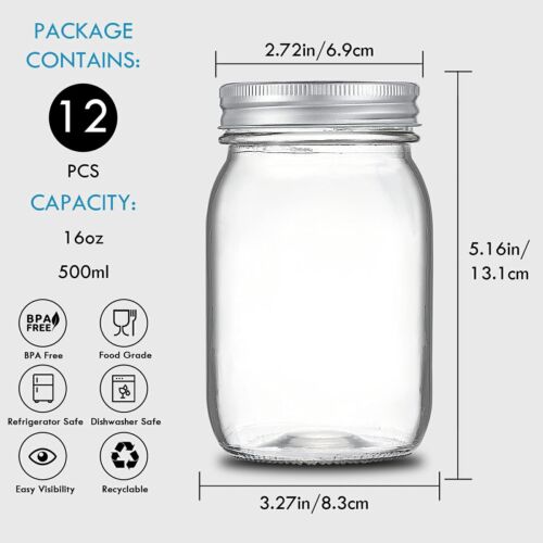 YEBODA 16 oz Wide Mouth Mason Jars 12 Pack Glass Canning Jars with Airtight Lids - Picture 3 of 7