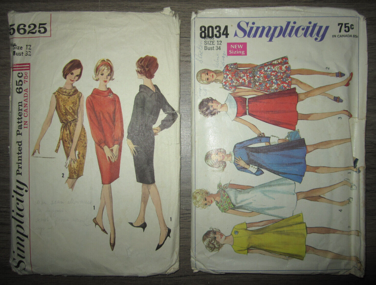 Lot of 2 vtg Simplicity ladies' clothing sewing patterns, MCM mod dresses,  1960s