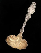 1902 WHITING LILY 7 1/2" STERLING SILVER GRAVY LADLE WITH GOLD WASH BOWL