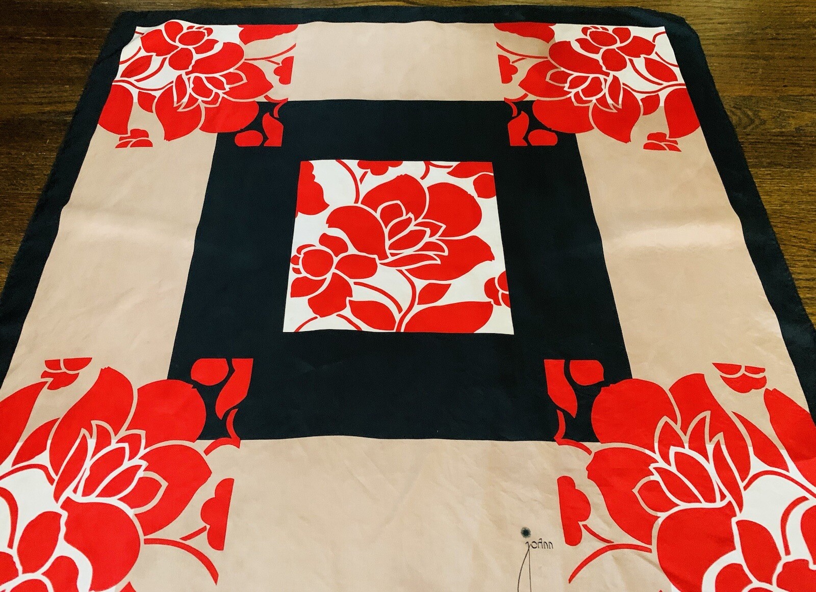 RARE Vintage JoAnn Wild Silk Scarf Red Floral Design Hand Rolled 30x30” Japan