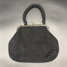 Vintage Black Beaded Kiss Lock Made In Hong Kong Purse Handbag READ
