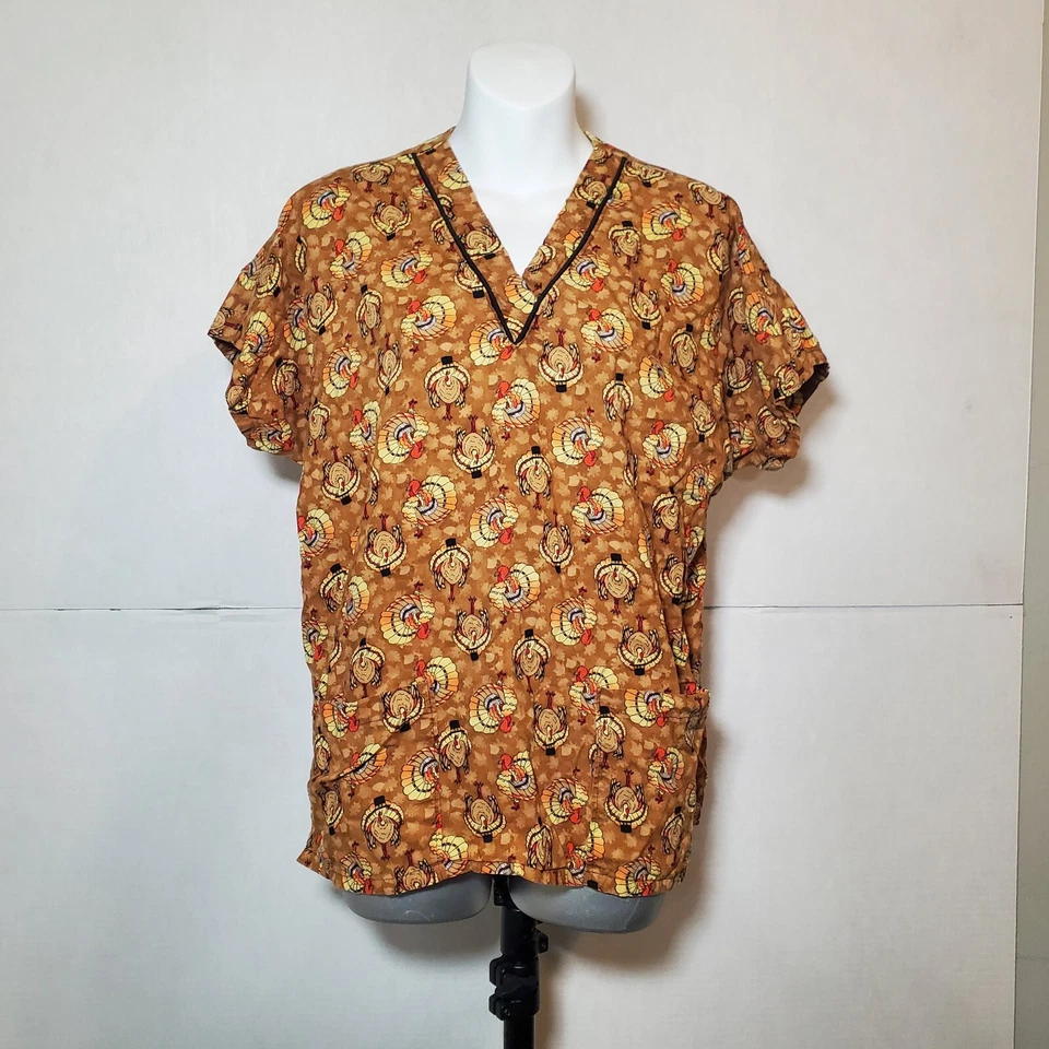 Hand Stitched Thanksgiving Scrub Top Brown With Turkeys On It. - Image 4 of 4