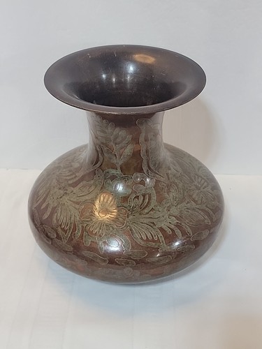 World Market Metal Brown Green Copper Garden Floral Vase 9.5" H Made in India