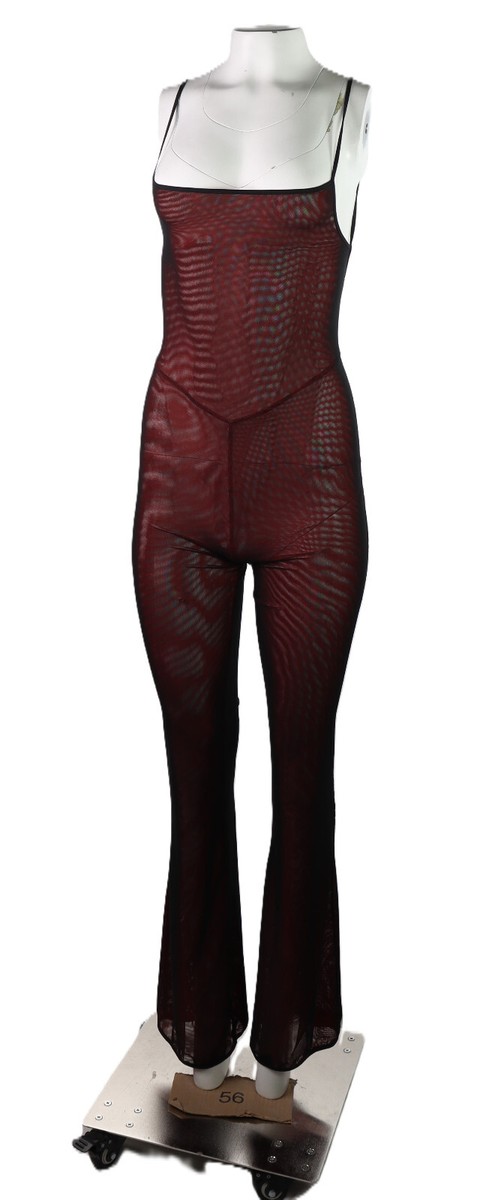 I AM GIA US Women’s S Burgundy Mesh Strappy SCORPIO Jumpsuit Flare  Leg