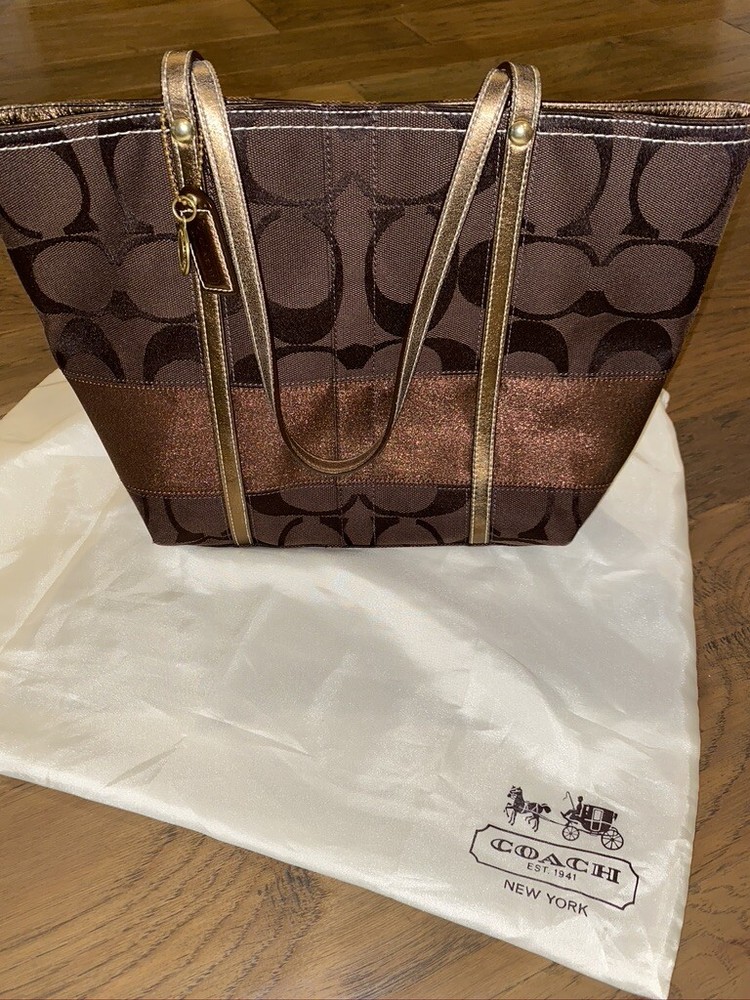EUC COACH Signature Stripe Tote Purse Handbag Brown Metallic Copper 11098