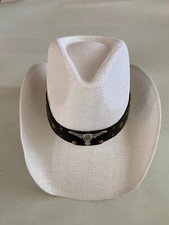 Bull Cowboy Hat Leather Studded Paper Straw Western Riding Men's Hat White
