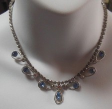 Vintage Faceted Clear  Blue Rhinestone Bib /Collar Necklace