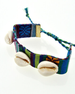Boho Multicolor Stripe Fabric Puka Cowrie Seashell Bracelet Summer Beach Jewelry