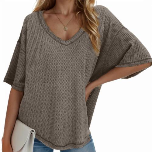 Womens V Neck Batwing Half Sleeve Shirts Waffle Knit Loose Blouse Solid Color - Picture 4 of 14