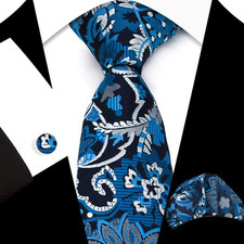 Classic Paisley Blue White Jacquard Silk Men's Tie Necktie Hanky Cufflink Set