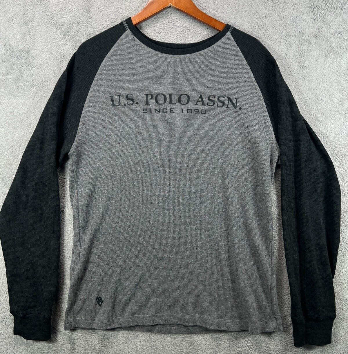 US Polo Assn Uomo Grande Camicia Termica Manica Lunga Grigio Waffle Raglan Nero Pony