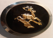 belt buckle oval John Deere logo with horse plow Spec Cast 3.75" black silver